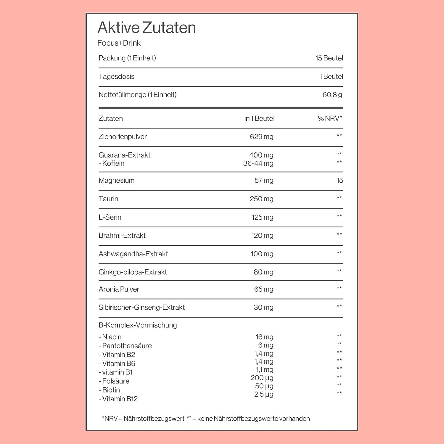 Fokus+ Drink Beutel mit Zutatenliste: Guarana, Ashwagandha, Ginkgo biloba, Sibirischer Ginseng, Magnesium, B-Komplex.