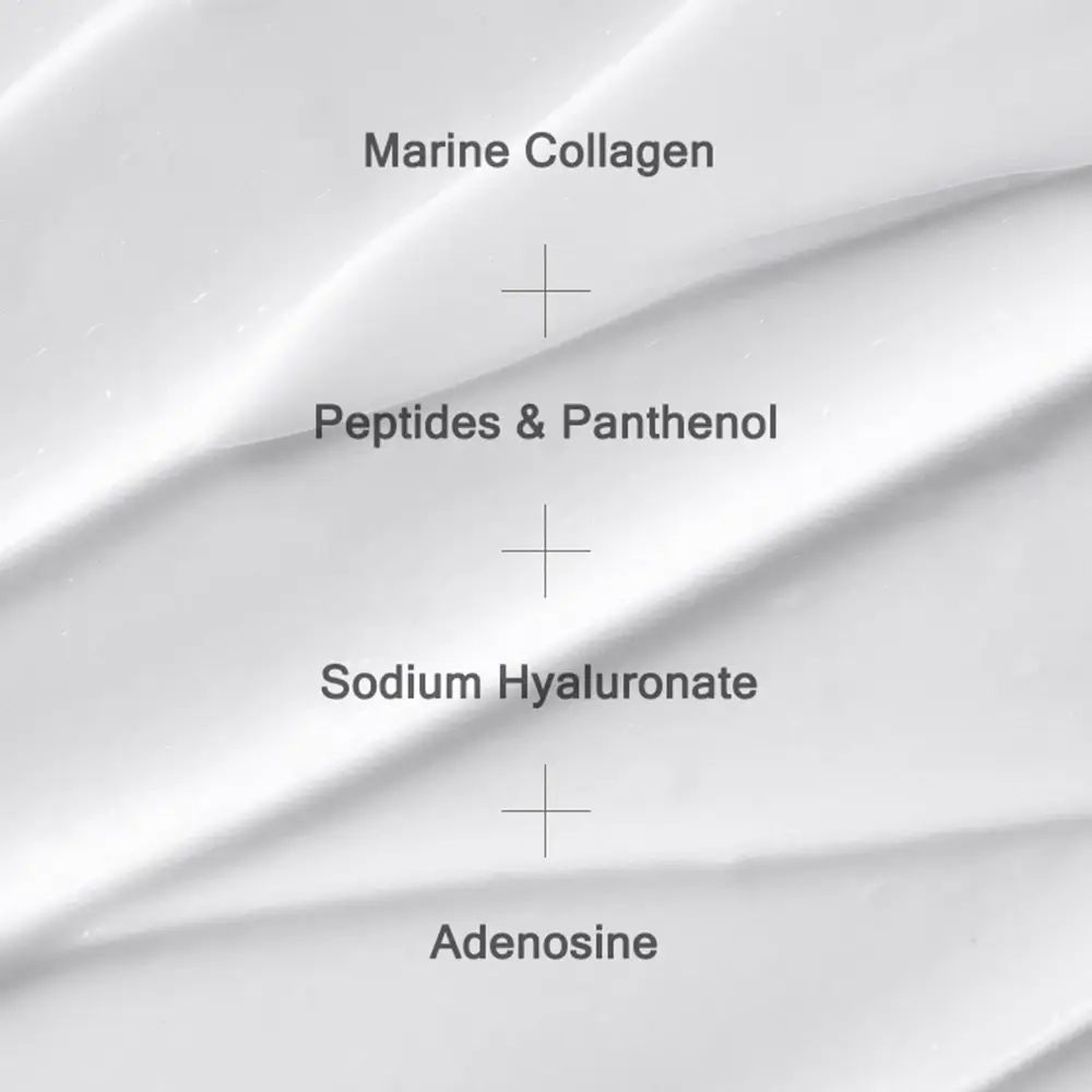 Text-Grafik mit Inhaltsstoffen: Marine Collagen, Peptides & Panthenol, Sodium Hyaluronate, Adenosine.