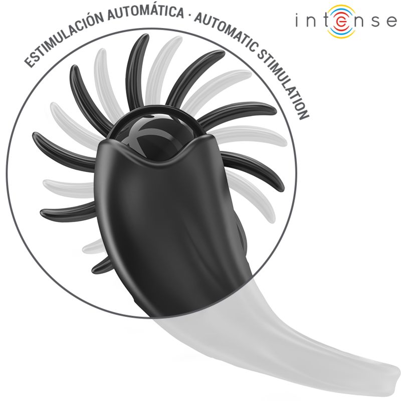 Schwarzer Vibrationsring mit Blütenblatt-Design. Inset: Animation der automatischen Stimulation. Marke: Intense.