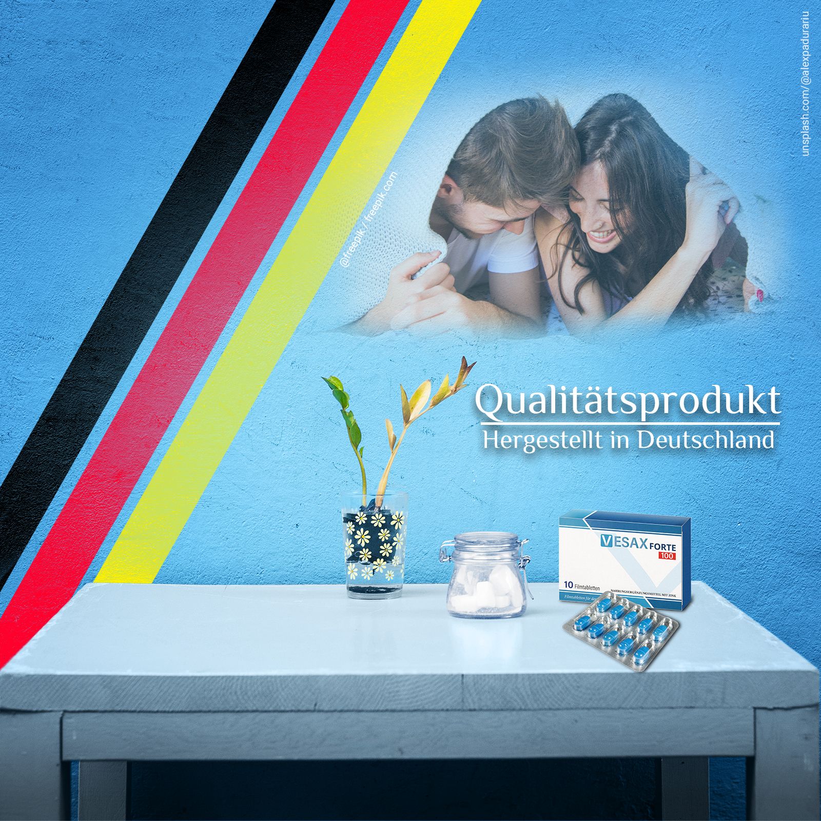 Schachtel und Blisterpackung mit blauen Tabletten. Text: Vesax Forte 100. Qualitätsprodukt, hergestellt in Deutschland. Auf Tisch.