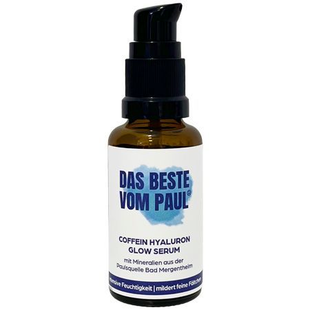 Braune Glasflasche mit schwarzem Pumpkopf. Aufkleber mit Text: DAS BESTE VOM PAUL, COFFEIN HYALURON GLOW SERUM.