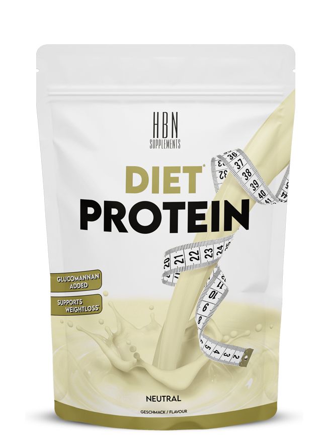 Beutel mit HBN Supplements Diet Protein. Messband umgibt Flüssigkeit. Aufschrift: Glucomannan Added, Supports Weightloss. Geschmack: Neutral.