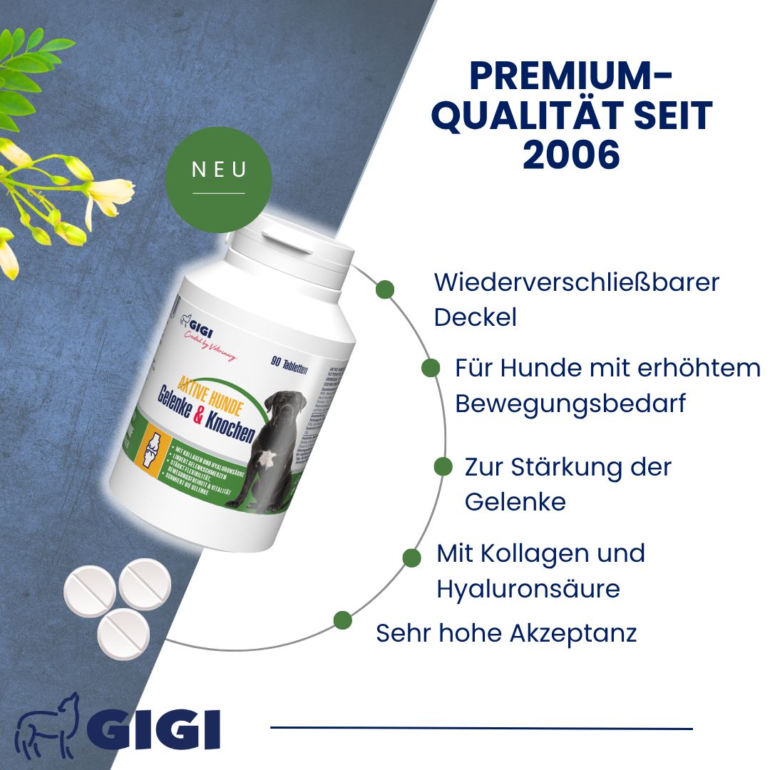 Produktflasche mit Tabletten, daneben Text und Tabletten. Text: Wiederverschließbarer Deckel, Für Hunde mit erhöhtem Bewegungsbedarf.