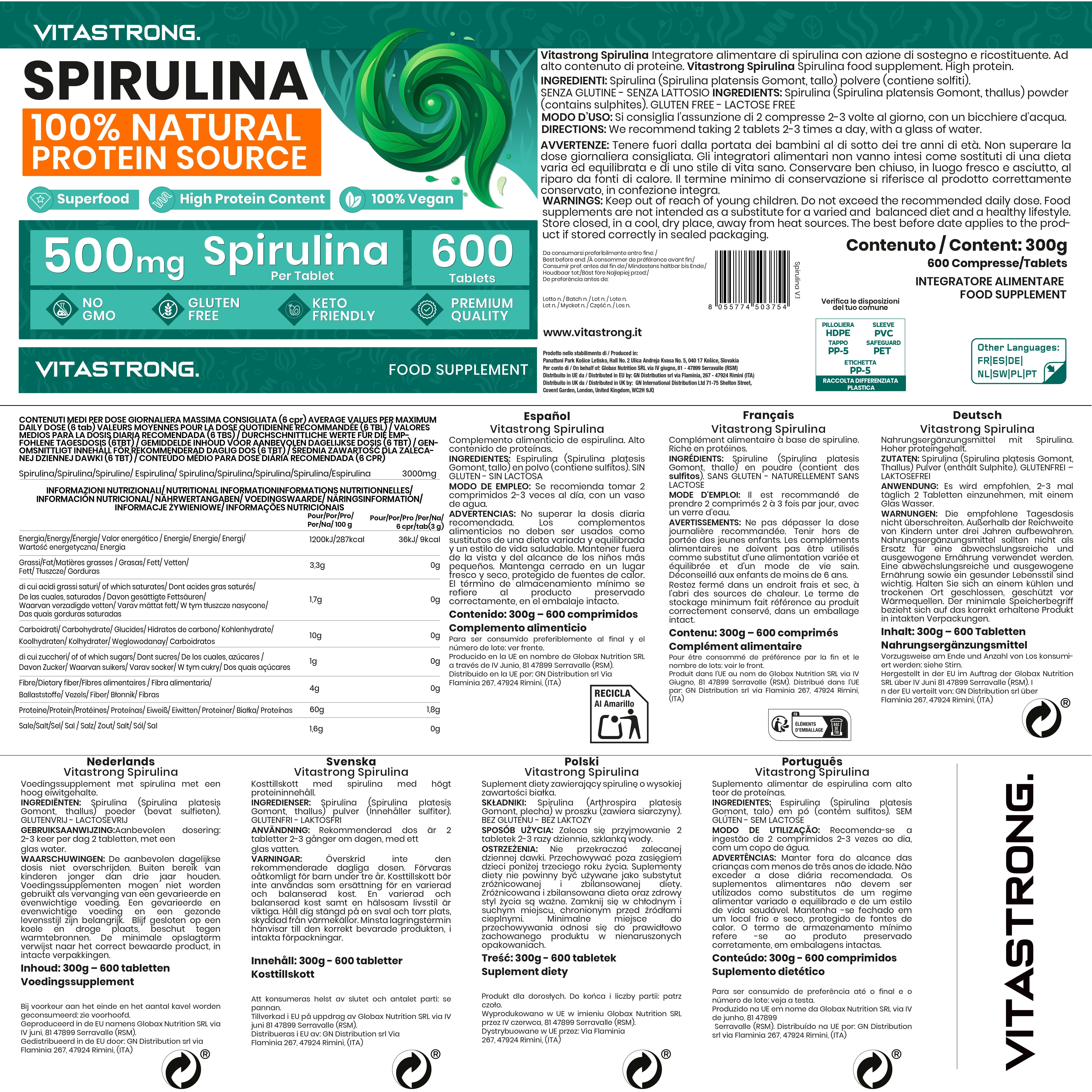 Vitastrong Spirulina. Produktinformationen in mehreren Sprachen. Dose mit 600 Tabletten. 500mg pro Tablette.