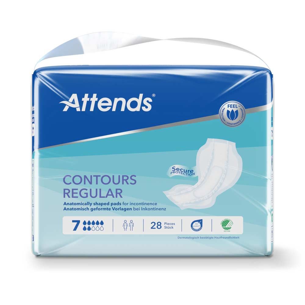 Attends Contours Regular 7. Anatomisch geformte Vorlagen für Inkontinenz. Packung mit 28 Stück. Produktabbildung mit Logo und Produktbezeichnung.
