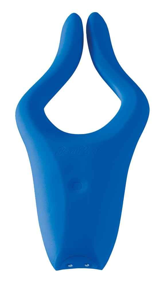 Blaues, ergonomisch geformtes Wellness-Produkt. Mit zwei Ausbuchtungen und zwei kleinen Öffnungen an der Spitze.