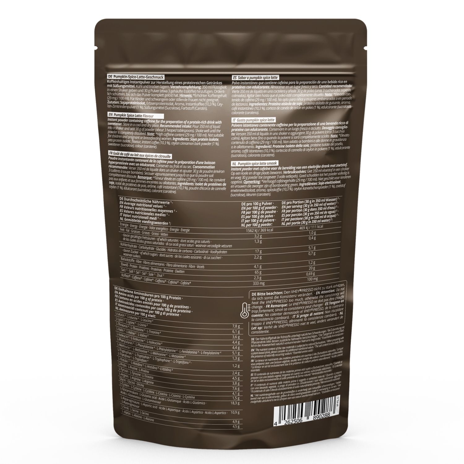 Rückseite der Tüte mit Text und Nährwertangaben. Zutatenliste, Zubereitungshinweise, Nährwerttabelle, Herstellerinformationen.