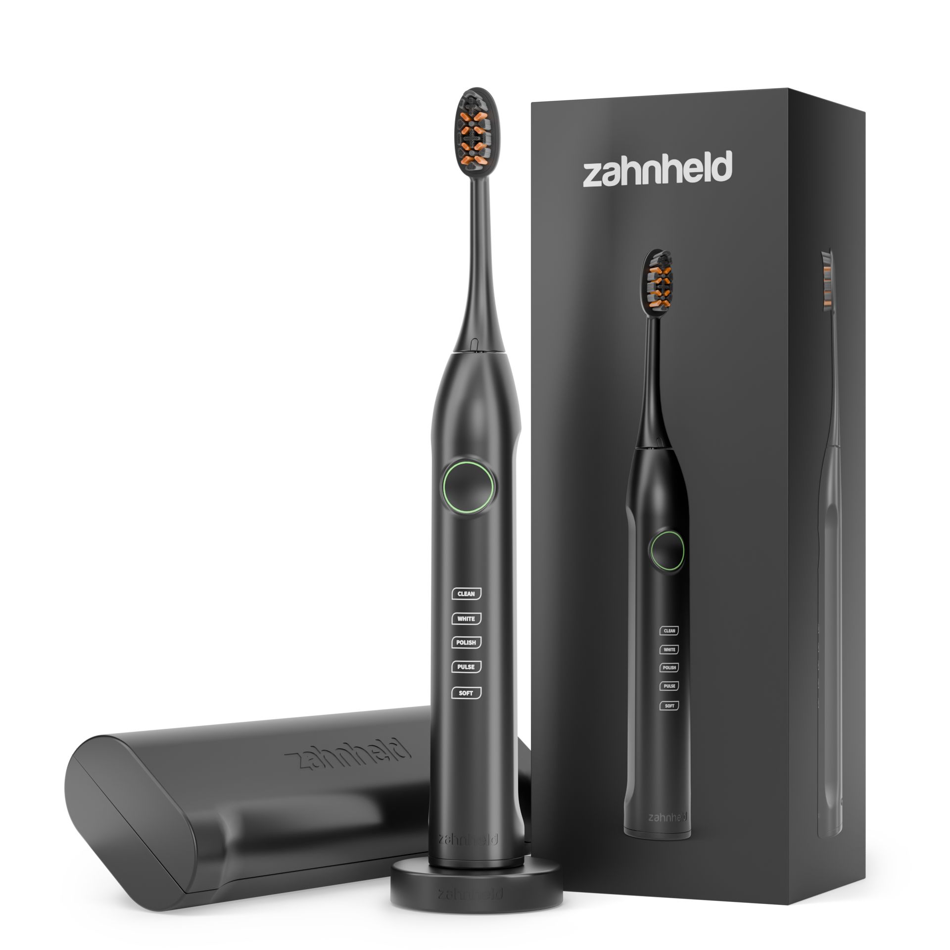 Elektrische Zahnbürste, Etui und Verpackung. Text: Zahnheld. Schwarze Zahnbürste, Ladestation, Etui und Verpackung.