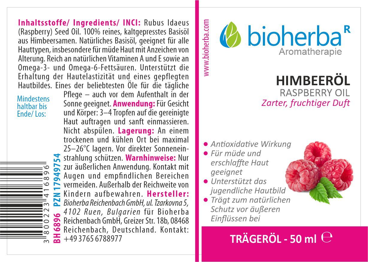 Produktetikett mit Text und Himbeeren-Illustration. Marke Bioherba. Enthält Produktname, Inhaltsstoffe und Anwendungshinweise. Trägeröl 50 ml.
