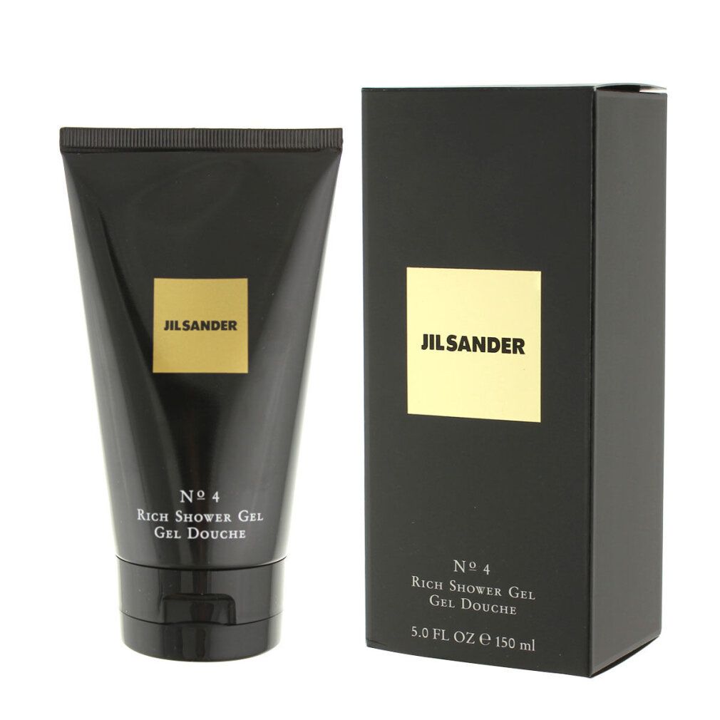 Schwarze Tube und Schachtel. Aufschrift: Jil Sander, No. 4, Rich Shower Gel, Gel Douche. Schachtel mit 5.0 FL OZ E 150 ml.
