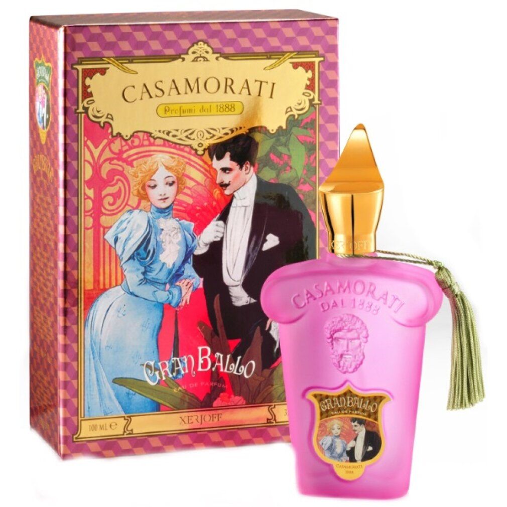 Rosa Flakon mit goldener Kappe und Quaste. Verpackung mit Illustration eines Paares. Text: Casamorati, Gran Ballo, Xerjoff.
