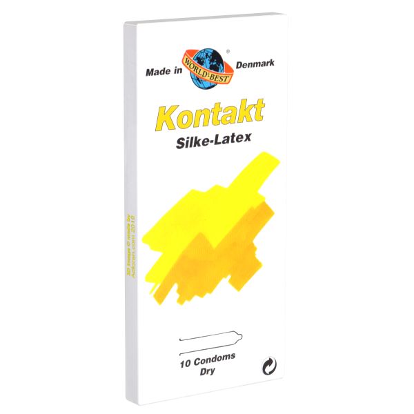 Verpackung mit Kondomen. Aufschrift: Kontakt Silke-Latex, 10 Kondome Dry. Marke: World's Best.
