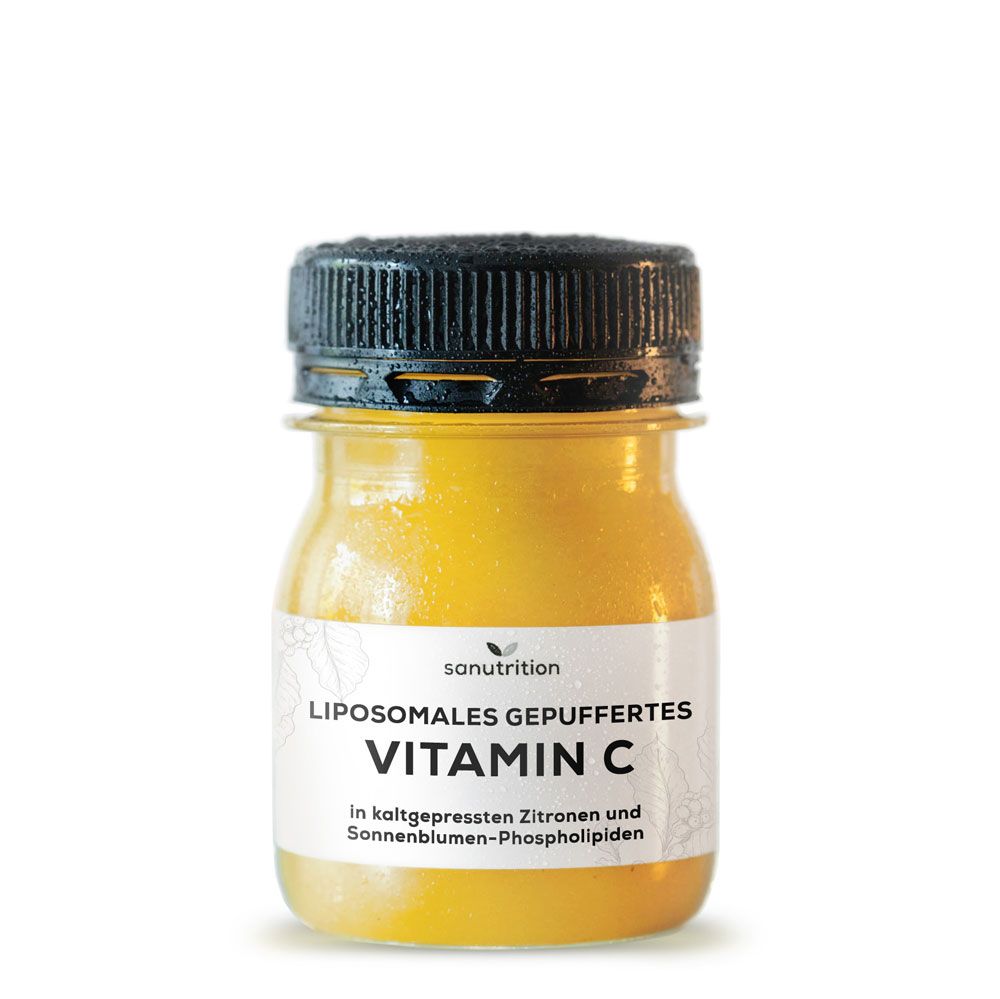 Kleine Flasche mit gelber Flüssigkeit und schwarzem Deckel. Etikett mit "sanutrition" und "Vitamin C".