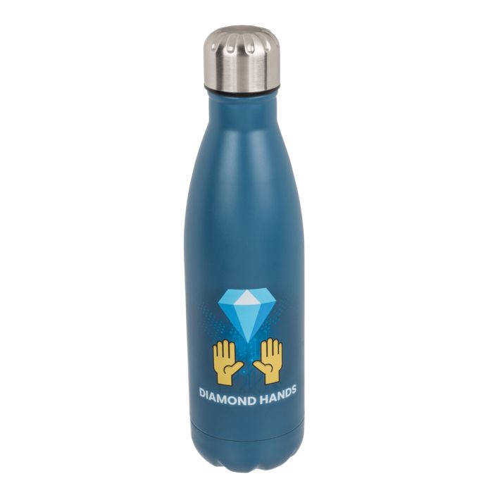 Blaugrüne Trinkflasche mit silbernem Deckel. Aufdruck: Diamant und Hände mit Schriftzug "Diamond Hands".