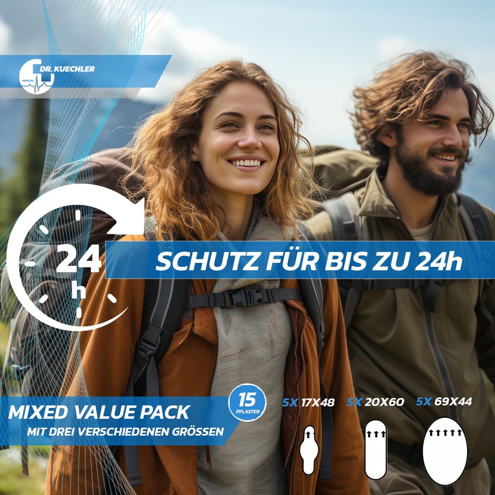 Wanderpaar mit Blasenpflaster-Packung. Schutz bis zu 24h. Mixed Value Pack mit drei Größen.