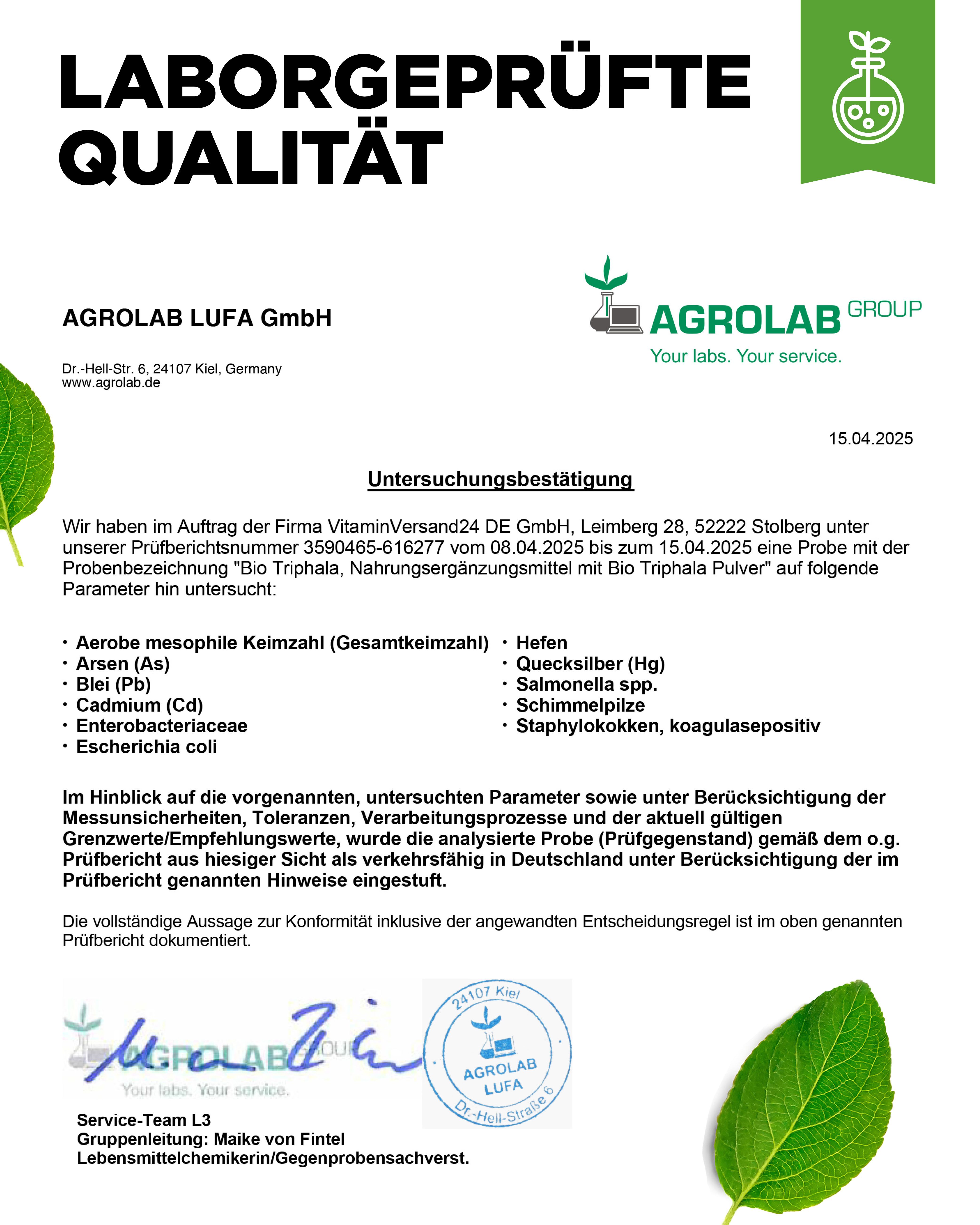 Zertifizierungsdokument von AGROLAB LUFA GmbH für BIO TRIPHALA. Unterschrift und Stempel.