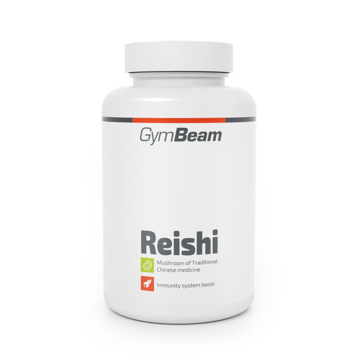 GymBeam Reishi Kapseln: Weißer Behälter mit rotem und grauem Streifen. Enthält Reishi-Pilzpulver für das Immunsystem.