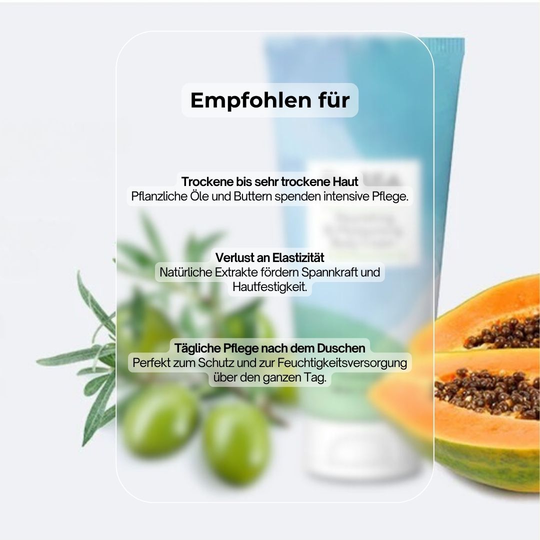 Creme-Tube mit Text. Text: „Nourishing & Moisturising Body Cream“. Empfohlen für trockene Haut, Elastizitätsverlust. Oliven, Papaya.