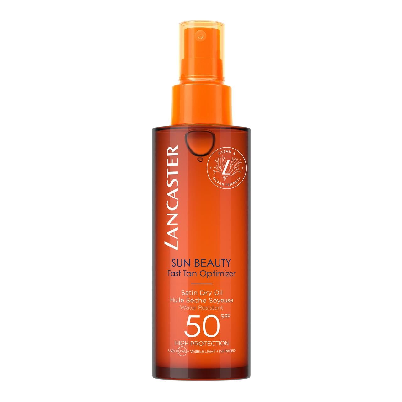 Lancaster Sun Beauty Dry Oil SPF50. Orange Flasche mit Sprühkopf. Text: Sun Beauty, Fast Tan Optimizer, Satin Dry Oil, 50 SPF.
