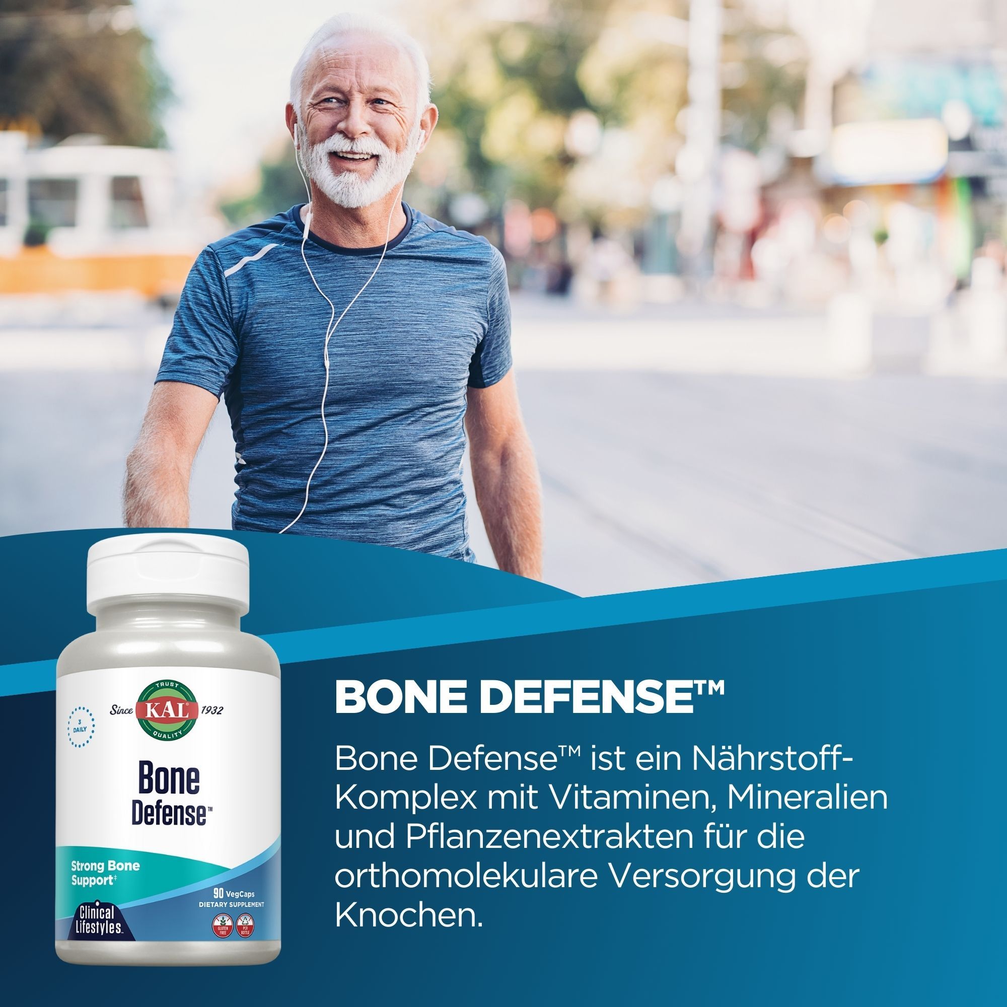 Eine Flasche Bone Defense neben einem Mann, der im Freien trainiert. Auf der Flasche steht Bone Defense und das Logo von KAL.