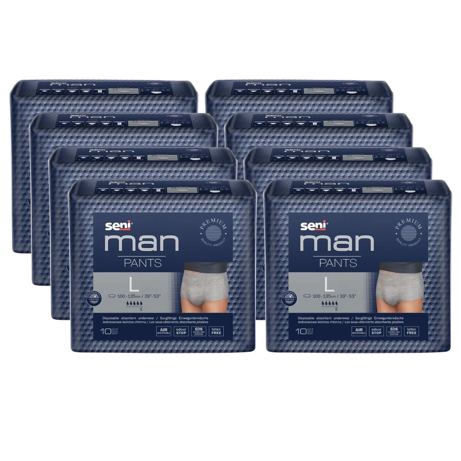 Mehrere Packungen Seni Man Pants L. Blaue Verpackung mit Produktabbildung und Schriftzug. Größe L.