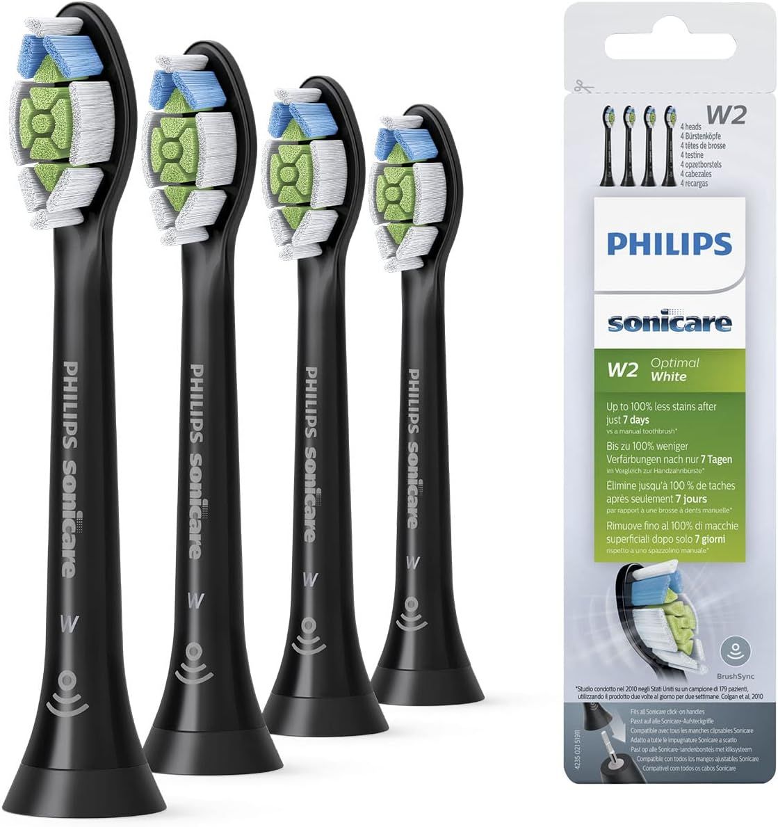 Zahnbürstenköpfe, schwarz, mit weißen Borsten. Philips Sonicare W2 White. Verpackung mit 4 Köpfen.