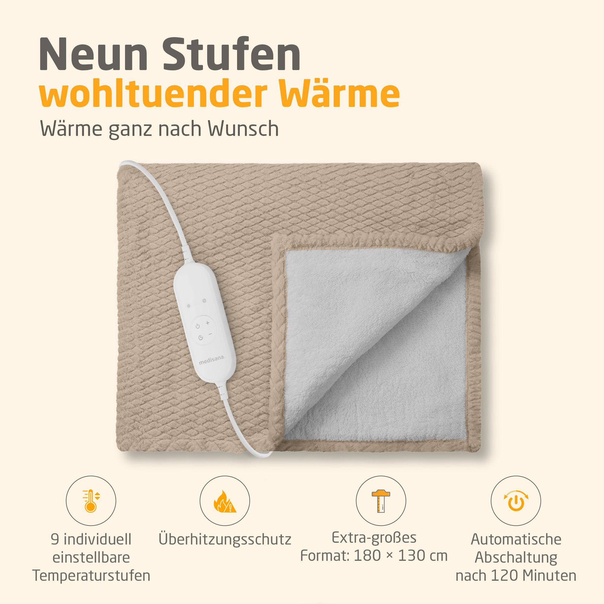 Heizdecke, beige, mit weißem Innenfutter. 9 Temperaturstufen, Überhitzungsschutz, Format 180x130 cm, automatische Abschaltung.