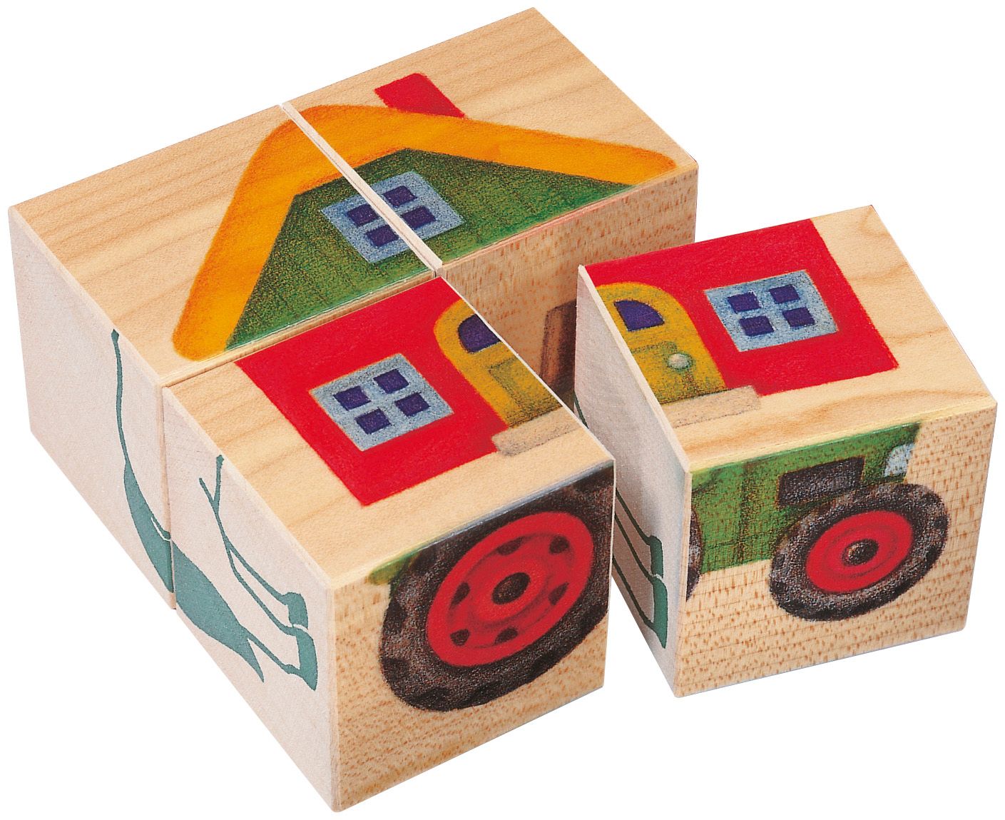 Holzwürfel-Puzzle mit Bauernhof-Motiven. Gezeigt werden Haus, Traktor und Tier. 4 Teile, aus Holz.