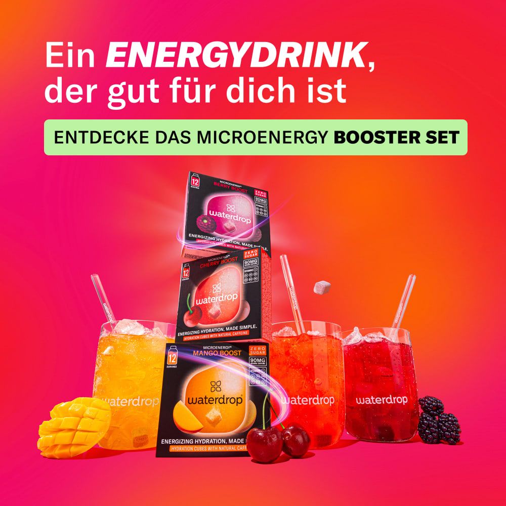Drei waterdrop® Microenergy Boost Set Packungen mit Früchten und Würfeln.
