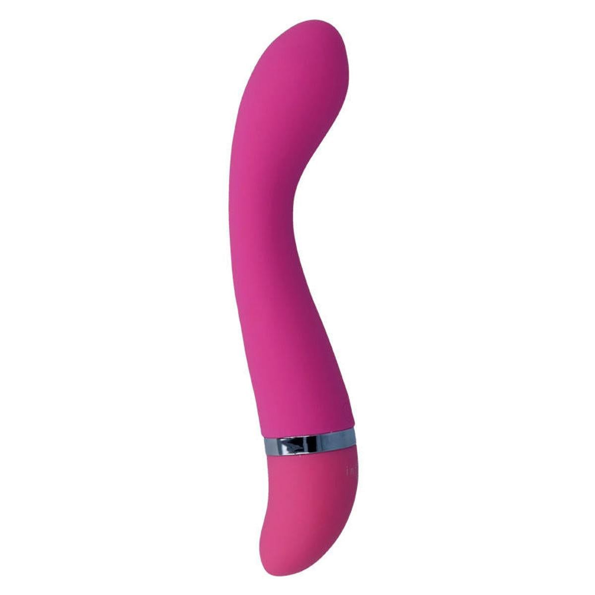 Pinkfarbener Vibrator mit geschwungener Form. Silberfarbener Ring am unteren Ende. Marke: Intense.
