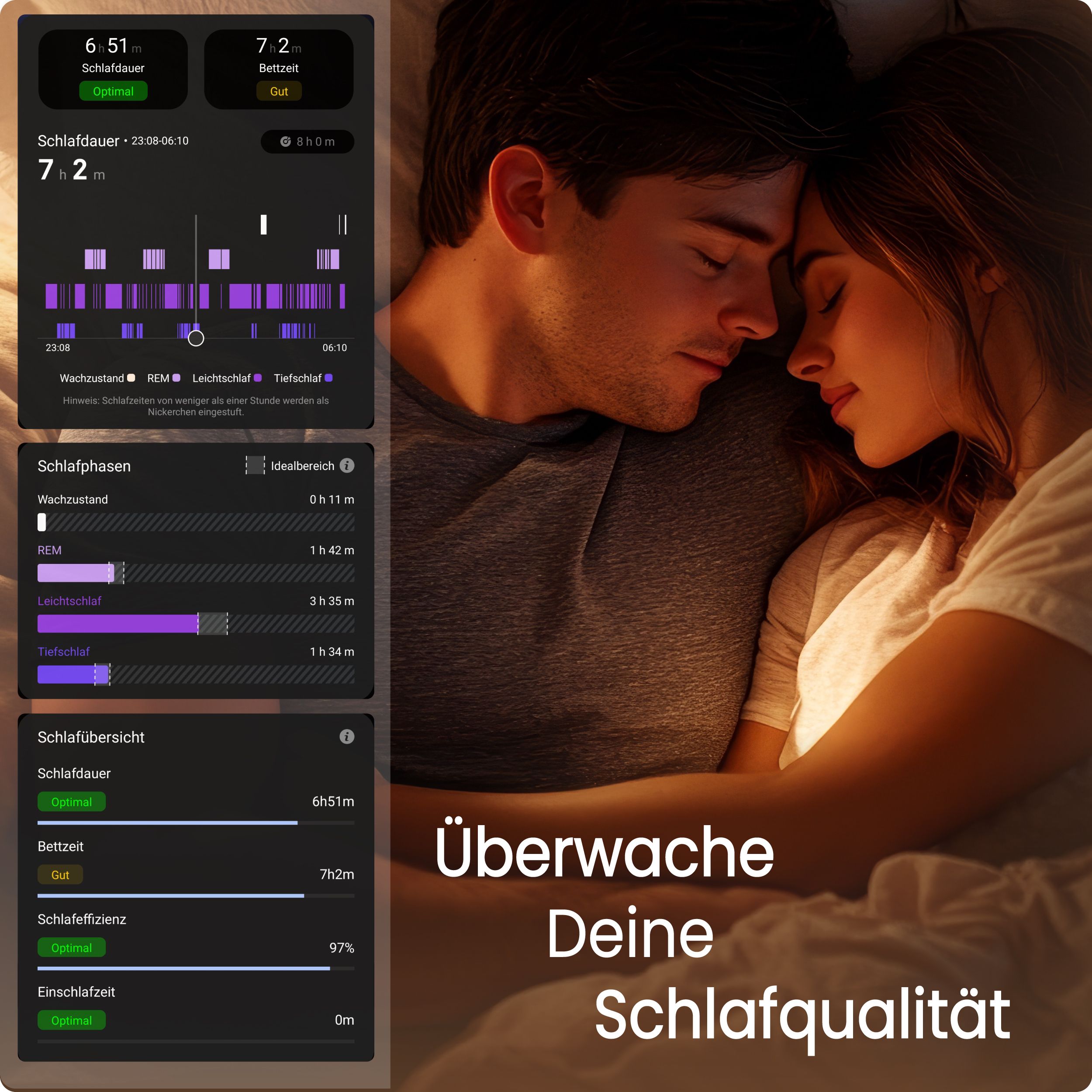 Paar im Bett. Smartphone-Screens zeigen Schlafdaten. Text: Überwache Deine Schlafqualität.