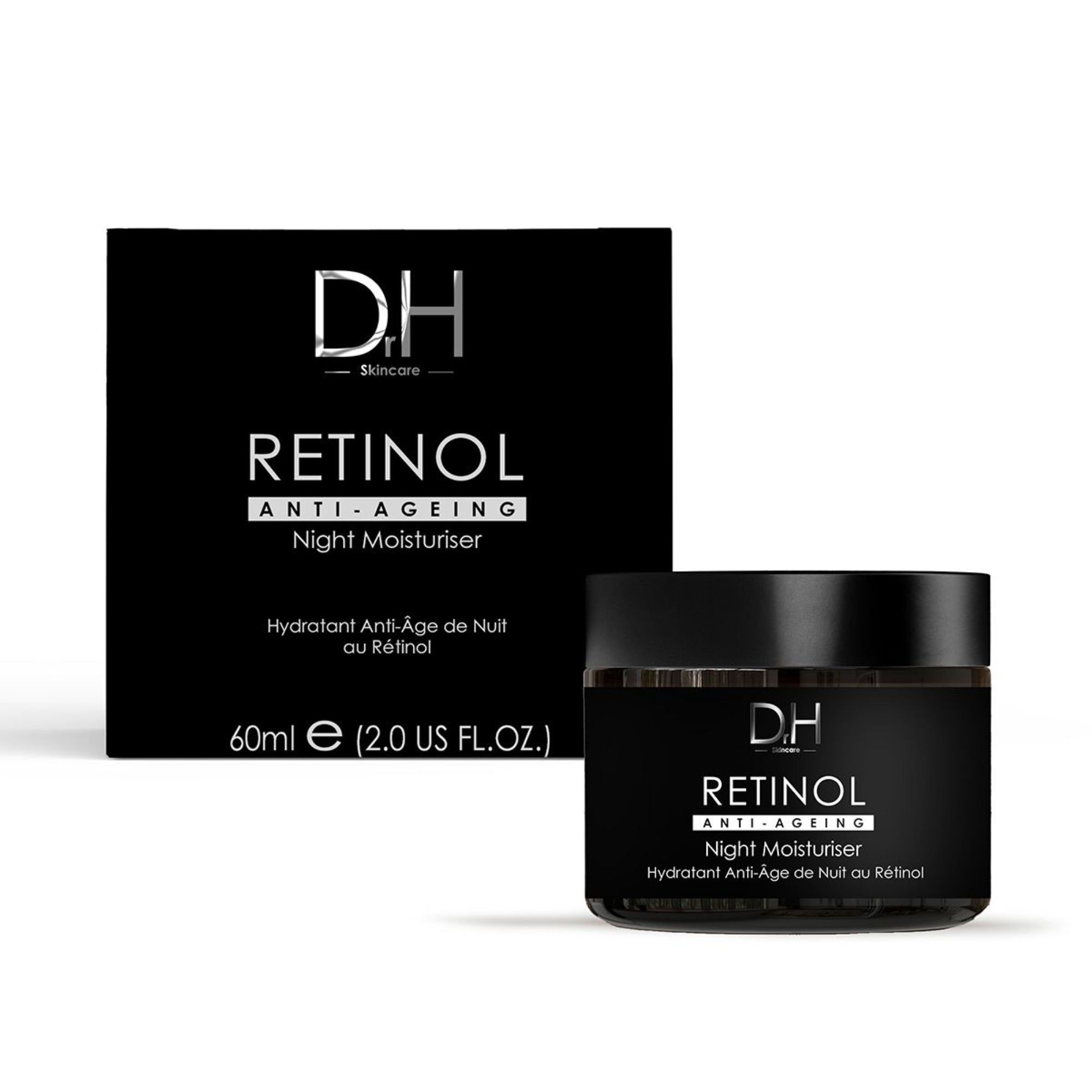 Schwarzer Tiegel und Schachtel mit Aufschrift 'Retinol Anti-Ageing Night Moisturiser'. Marke: D.H. Skincare.