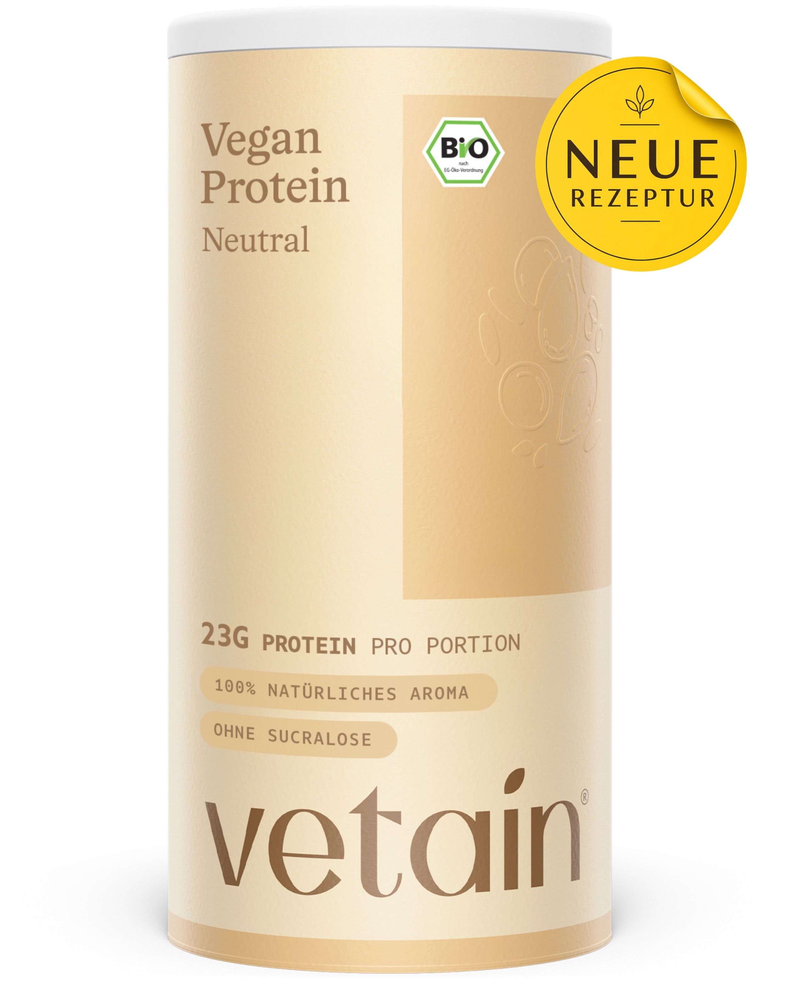 Beige Dose mit "Vegan Protein Neutral" und Bio-Siegel. Gelbes Etikett "NEUE REZEPTUR". Marke: vetain.