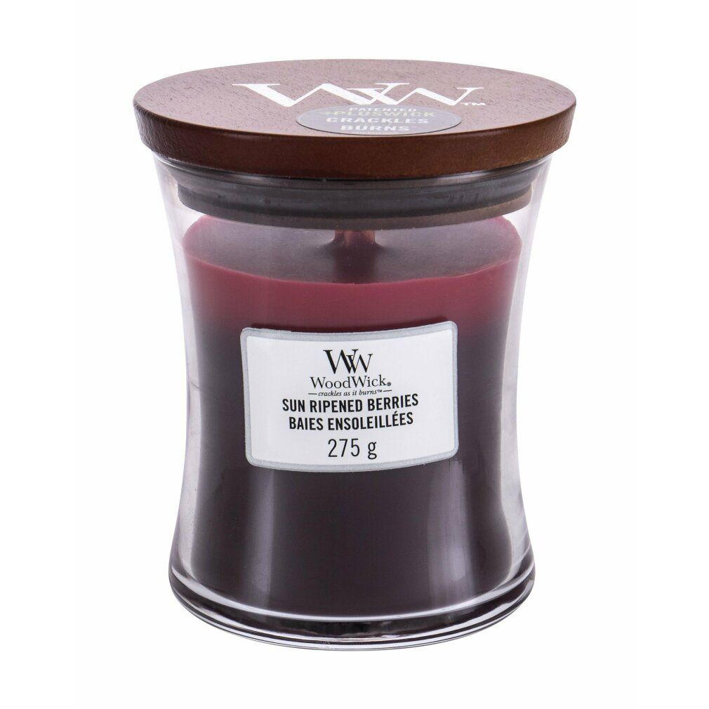 Duftkerze mit Holzdeckel. Etikett mit "WoodWick", "Sun Ripened Berries", 275g. Dreifarbige Wachsschichten im Glas.
