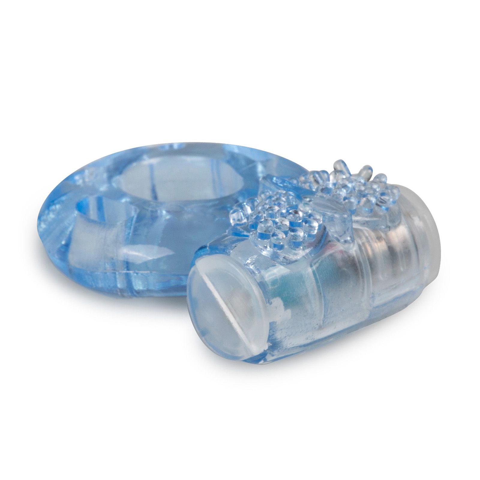 Blauer Penisring mit erhabenen Elementen. Transparenter Kunststoff. Ein Ring und ein zylindrisches Element mit Noppen.
