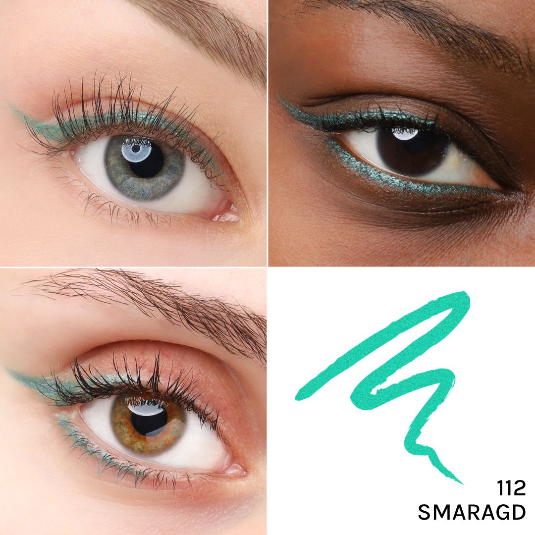 Vier Augen mit grünem Kajal-Eyeliner. Verschiedene Haut- und Augenfarben. Am rechten unteren Rand: Smaragdgrüne Farbsignatur.