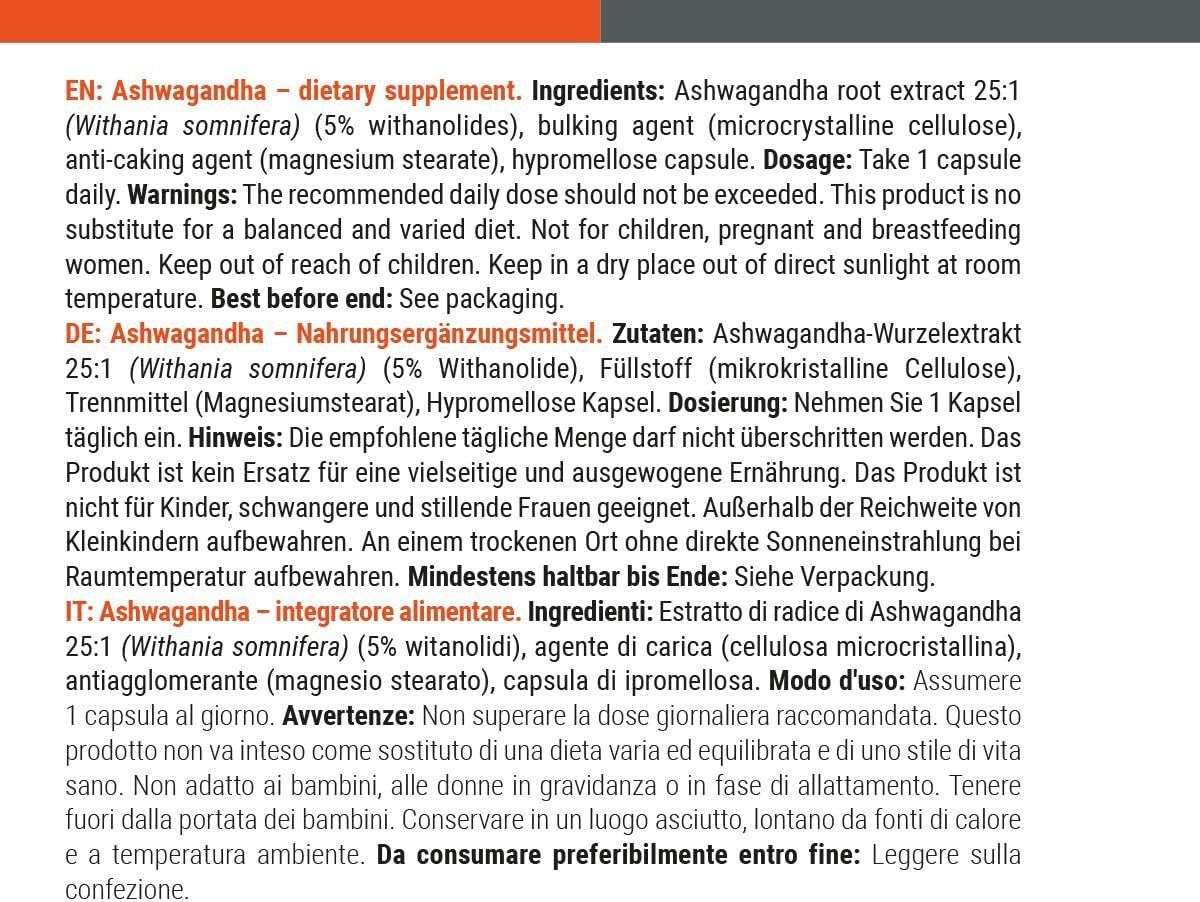 Informationen zu GYMBEAM Ashwagandha Nahrungsergänzungsmittel: Inhaltsstoffe, Dosierung, Warnhinweise.