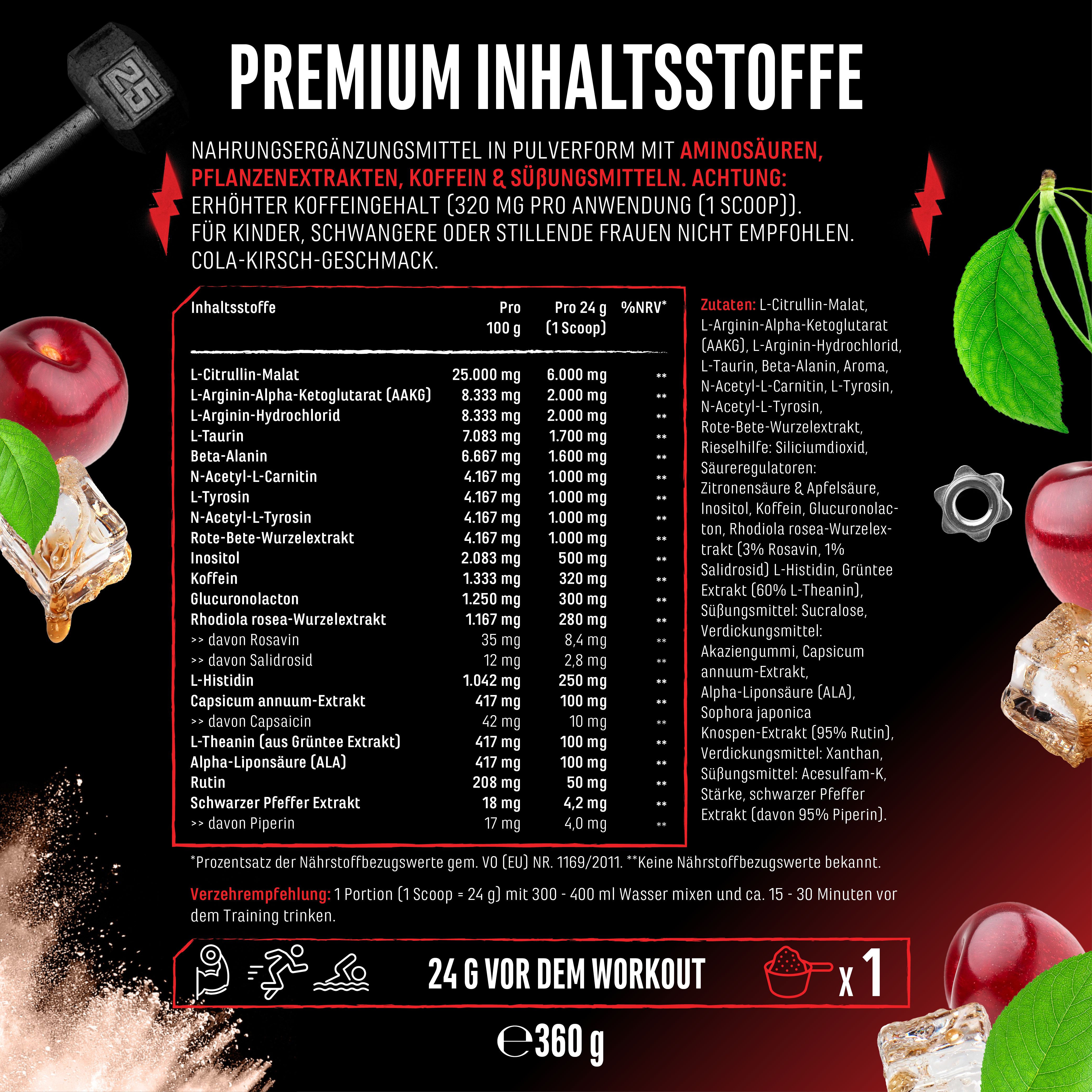 Nährwerttabelle für GEN Push It To The Limit. Inhaltsstoffe pro 100g und pro Portion. Enthält Aminosäuren, Pflanzenextrakte, Koffein.