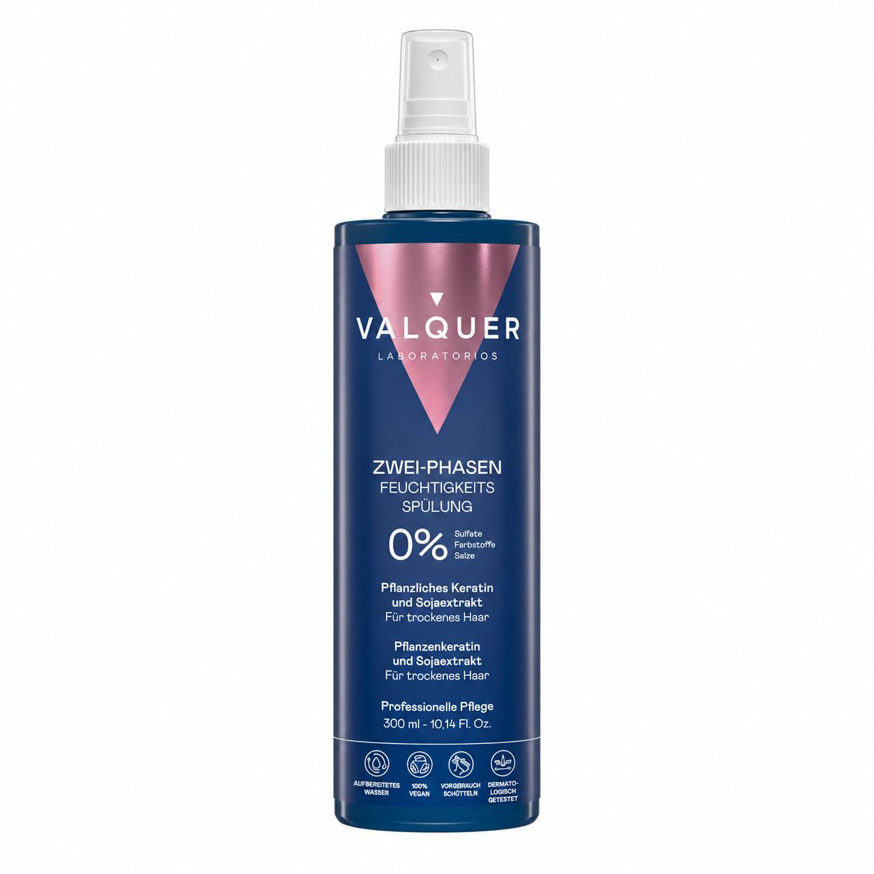 Dunkelblaue Sprühflasche mit rosa und weißen Akzenten, beschriftet mit 'VALQUER ZWEI-PHASEN FEUCHTIGKEITS SPÜLUNG'.