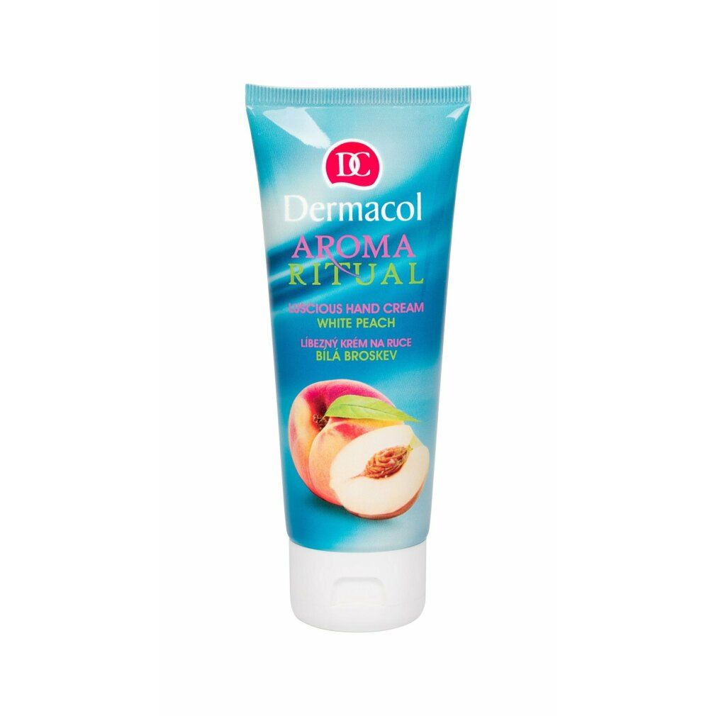 Türkis-weiße Tube. Aufschrift: Dermacol Aroma Ritual, White Peach. Abbildung von Pfirsichen.
