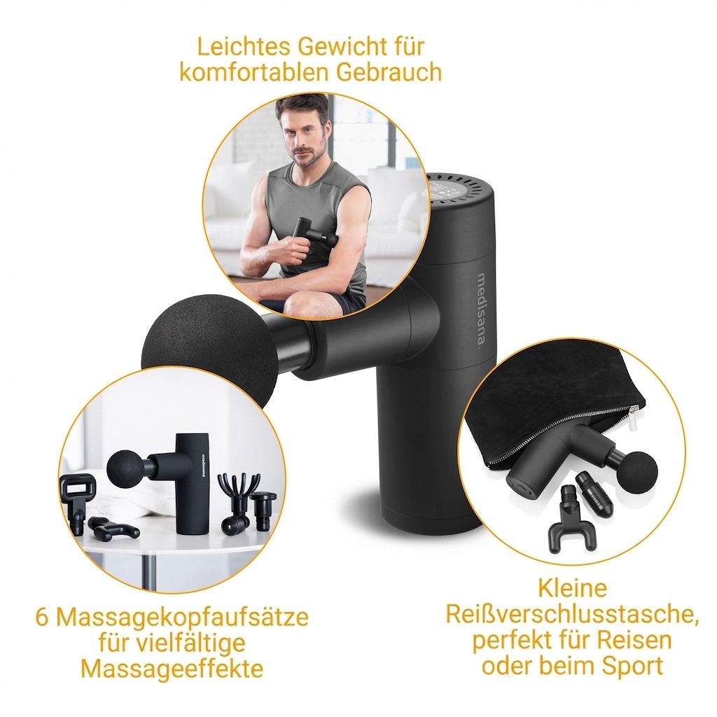 Schwarze Massagepistole mit 6 Aufsätzen, Ball-Aufsatz und Transporttasche.