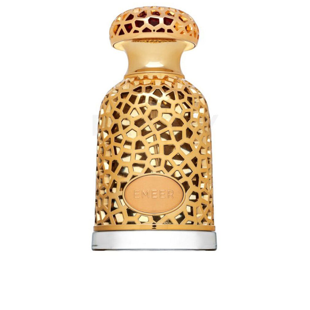 Goldfarbene Parfümflasche mit filigranem Muster. Aufschrift "Emeer".