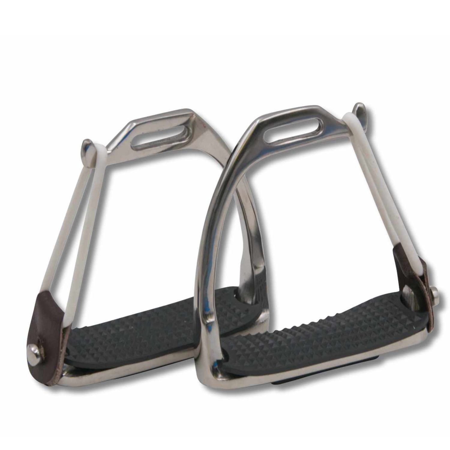 Zwei Sicherheitssteigbügel aus Edelstahl. Braunes Leder, schwarze Trittfläche. AMKA.