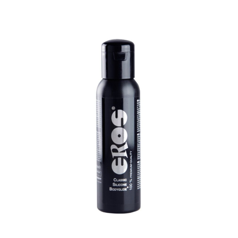 Schwarze Flasche mit EROS Logo und 'Classic Silicone Bodyglide' Aufschrift.