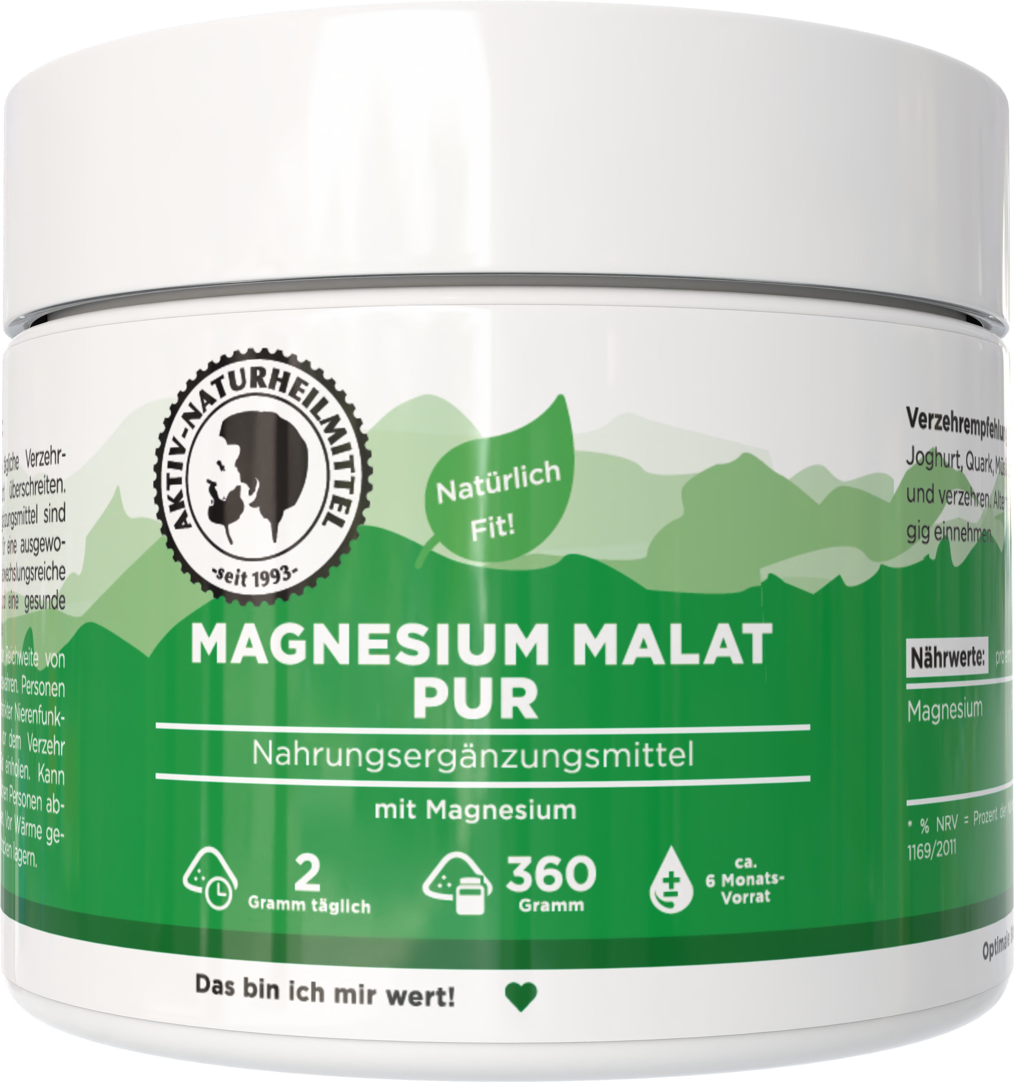 Weißes, rundes Behältnis mit grünem Etikett. Aufschrift: Magnesium Malat Pur, Nahrungsergänzungsmittel. Logo: Aktiv Naturheilmittel.