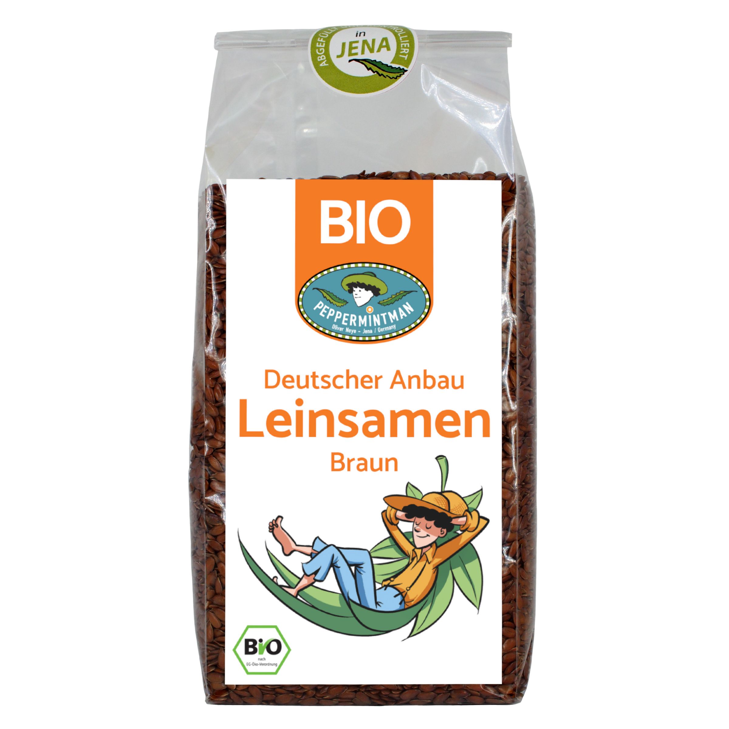 Transparente Verpackung mit braunen Leinsamen. Aufdruck: BIO, Peppermintman, Deutscher Anbau, Leinsamen, braun. Logo: Jena.