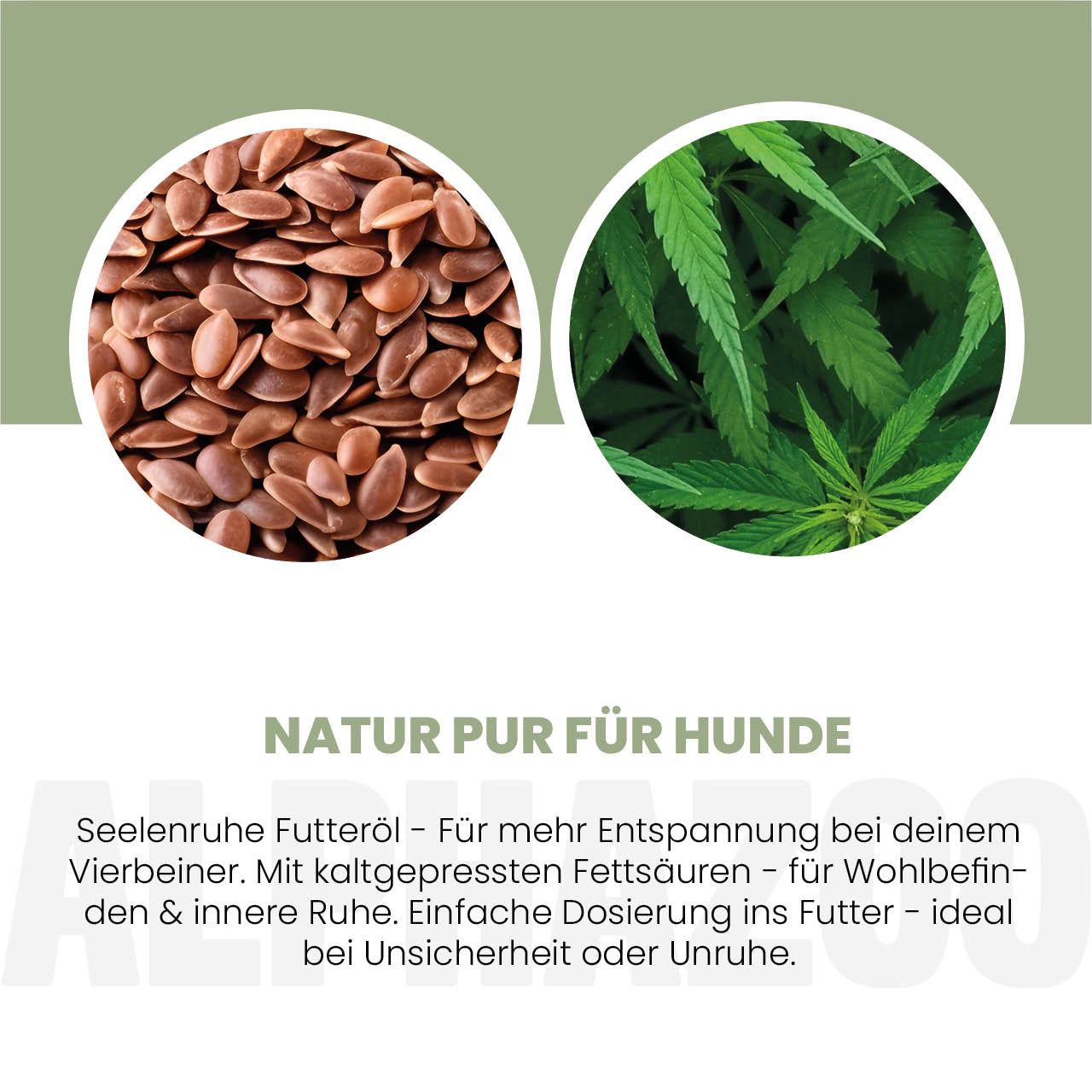 Kreisförmige Abbildungen von Leinsamen und Hanfblättern. Text: Natur pur für Hunde. Kaltgepresste Fettsäuren.