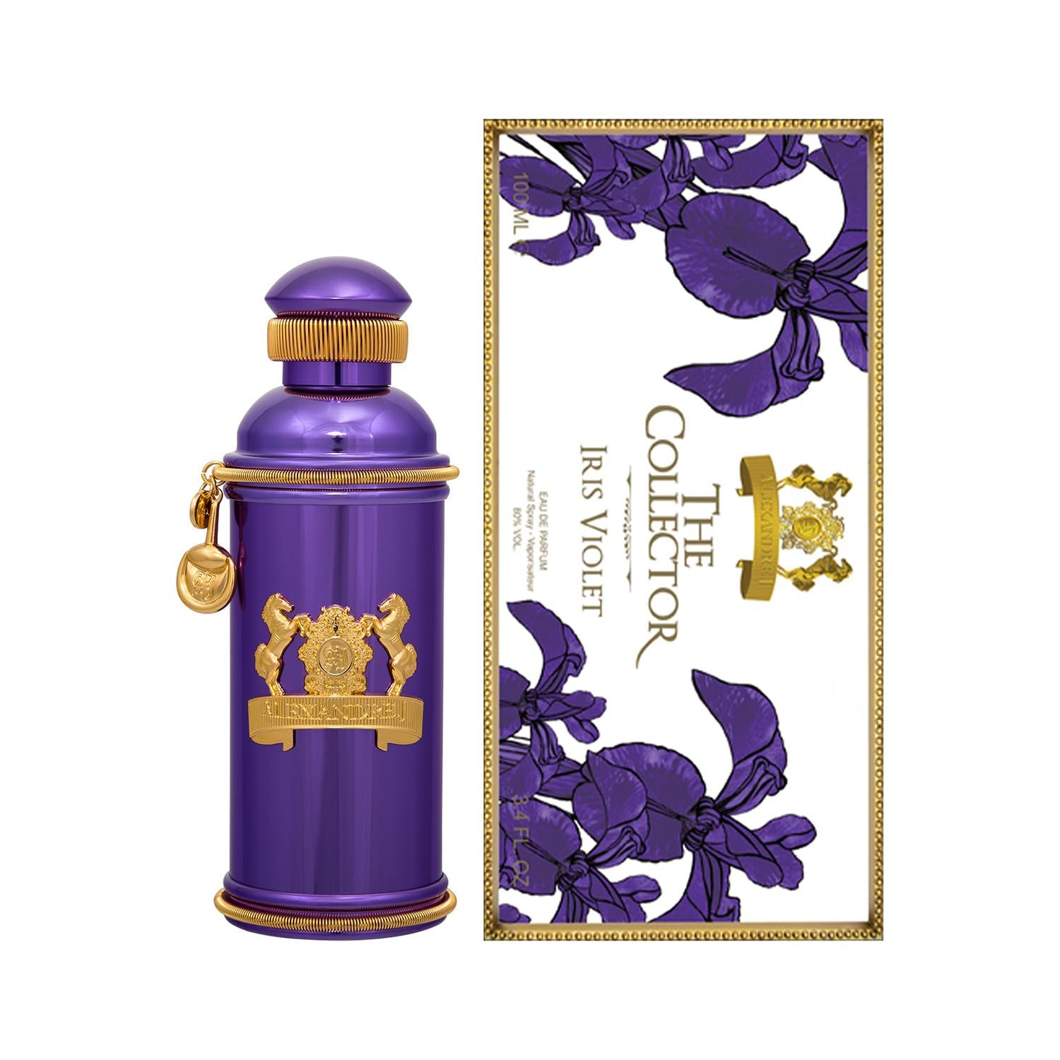 Lila Parfümflakon neben einer Schachtel mit Iris-Motiv.
