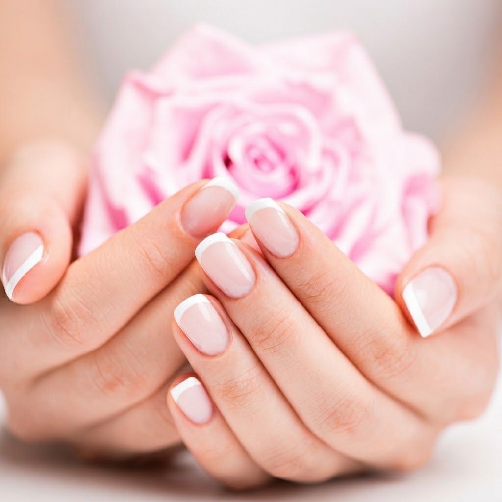 Gepflegte Hände mit French Manicure und einer rosa Rose.