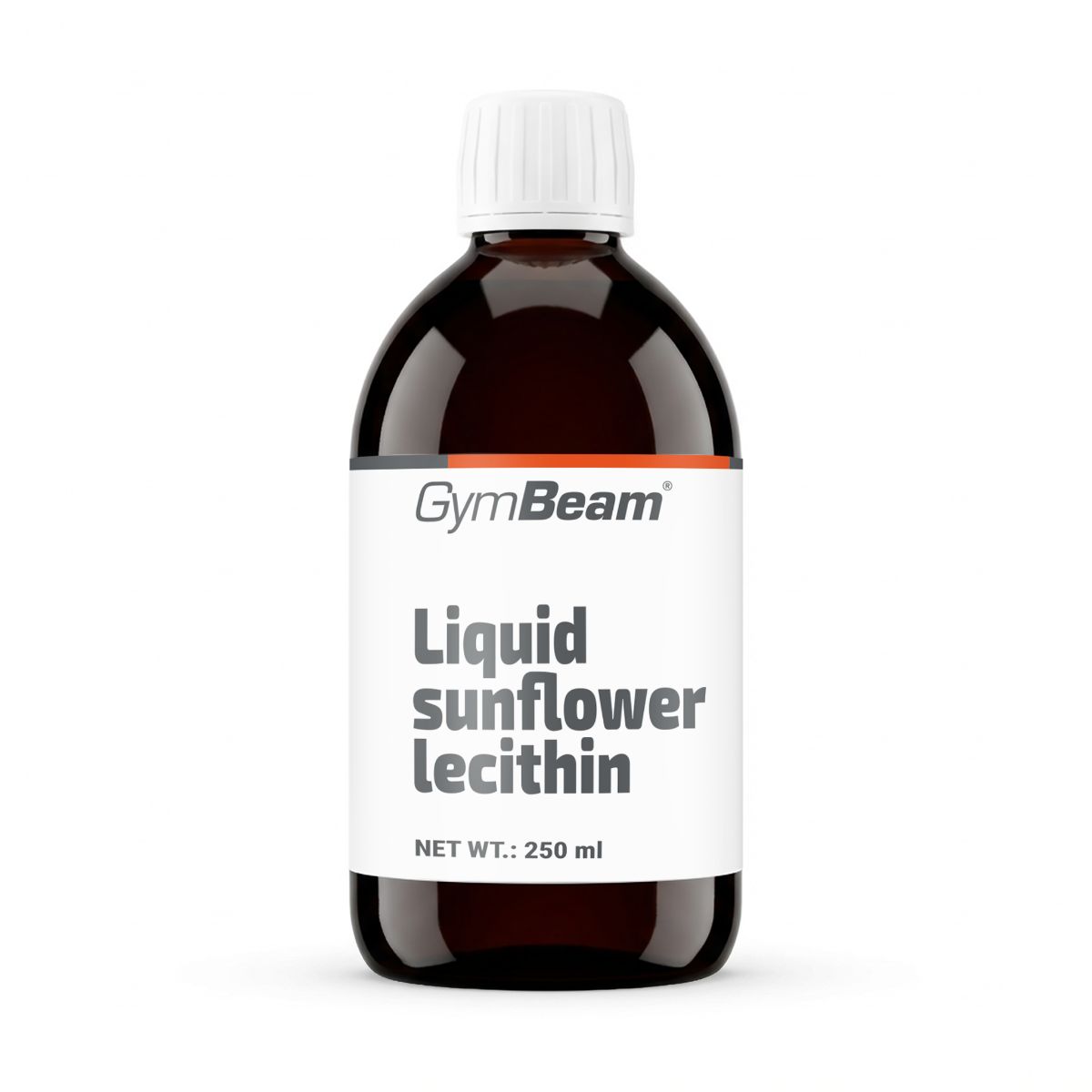 GymBeam Sonnenblumenlecithin in flüssiger Form in einer dunklen Glasflasche mit weißem Verschluss und Etikett.